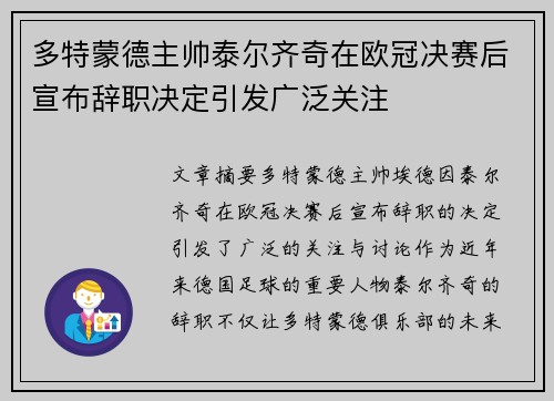多特蒙德主帅泰尔齐奇在欧冠决赛后宣布辞职决定引发广泛关注 多特蒙德主帅泰尔齐奇在欧冠决赛后宣布辞职决定引发广泛关注